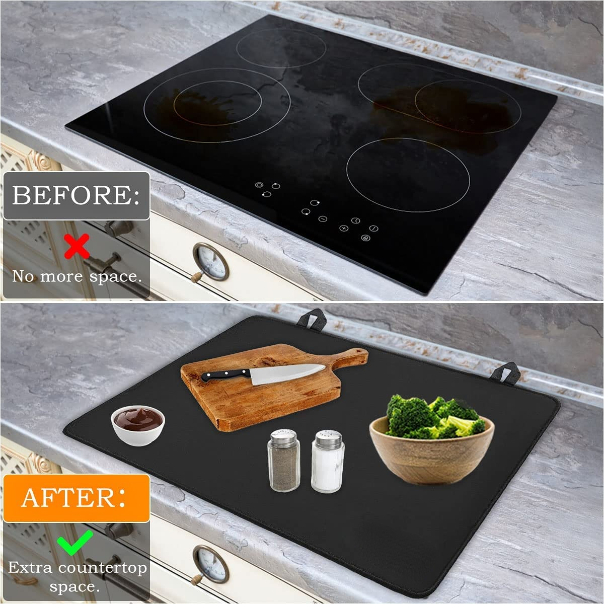 Stove Top Cover, 21" x 28.5" Electric Stove Cover Mat, Glass Stove Protector with 2 Pcs Stove Gap Guard, Washable Rubber Easy to Clean, Black
