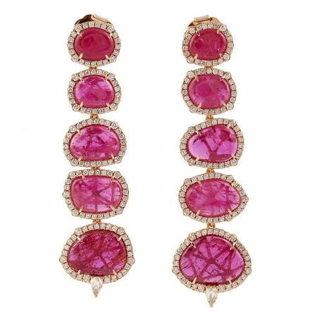 18k Yellow Gold Ruby Pave Diamond Dangle Earrings Women's Jewelry