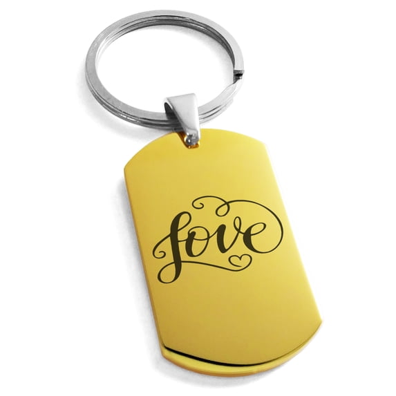 Stainless Steel Love Heart Calligraphy Swirl Engraved Dog Tag Keychain Keyring