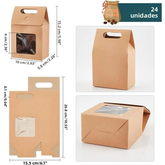 Kraft Paper Boxes with Clear Windows for Sweet Bread, Donuts, Cookies, Chocolate, Birthday, Wedding, Valentine's Day, Size 2.3x3.9x3.7 Inches,10Pcs