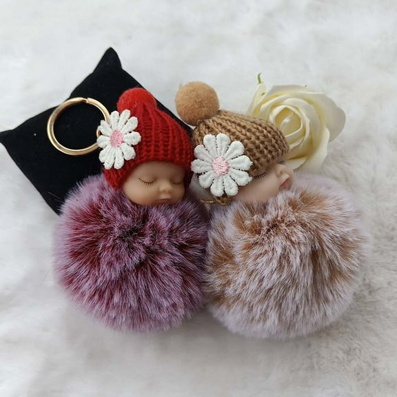 Ludlz 1Pc Plush Pompom Sleeping Baby Doll Key Chain Key Ring Holder Bag Pendant Decor