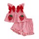thumbnail image 1 of Conjunto de verano para bebé niña pequeña: top sin mangas y shorts con estampado de fresas, bordado, cuadros, lazos y volantes., 1 of 10