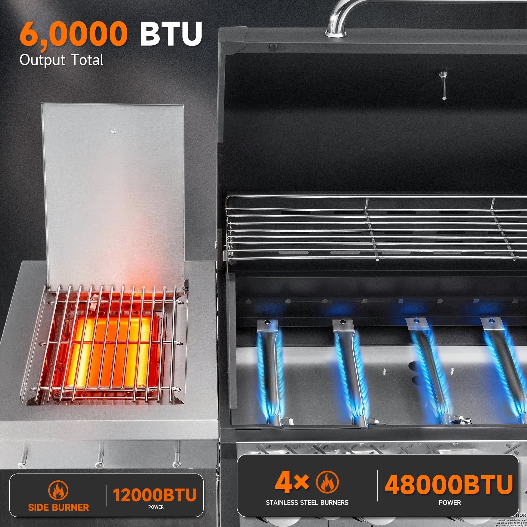 SKOK 4-Burner Propane Gas Grill with Infrared Side and Rear Burners - 60,000 BTU Outdoor Barbecue Grill with Porcelain-Enameled Cast Iron Grates, Patio & Backyard
