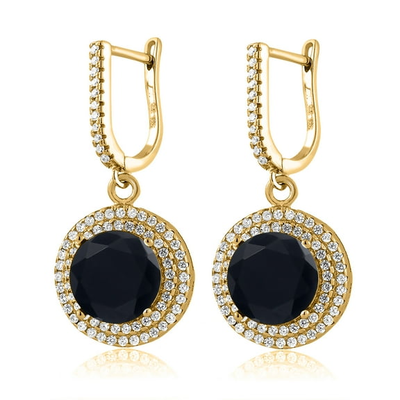 Gem Stone King 8.16 Ct Round Black Onyx 18K Yellow Gold Plated Silver Earrings