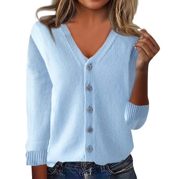 Women's Knit Top 2026 Fall Spring Sweaters Lightweight V-Neck Long Sleeve Open Front Button Up Knitted Cardigans Outerwear Sky Blue 2XL