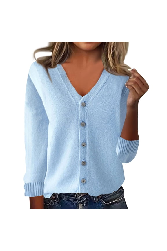 Women's Knit Top 2026 Fall Spring Sweaters Lightweight V-Neck Long Sleeve Open Front Button Up Knitted Cardigans Outerwear Sky Blue 2XL