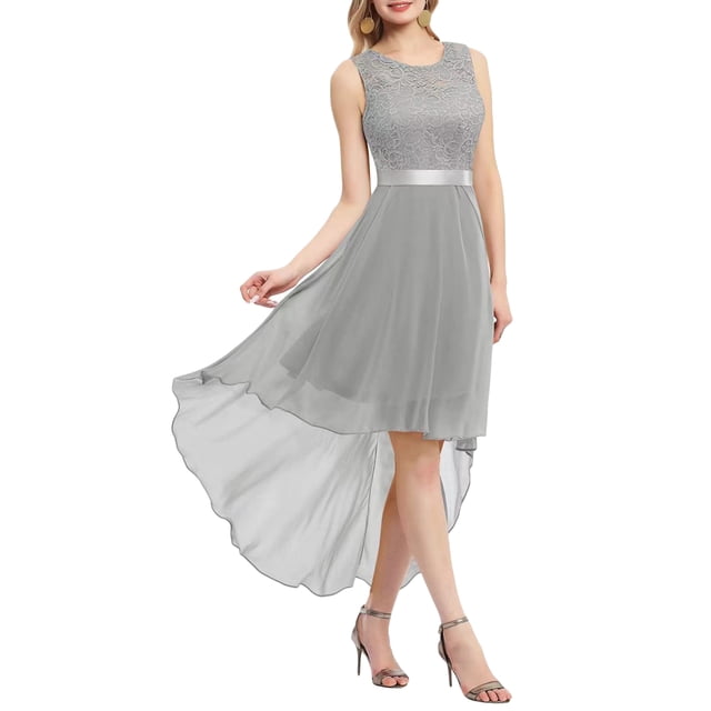 Kmbangi Robe Trapèze de Soirée pour Femme, Dentelle Patchwork, Grande Ampleur, Robe en Mousseline, Été, Col Rond, Sans Manches, Ourlet Irrégulier