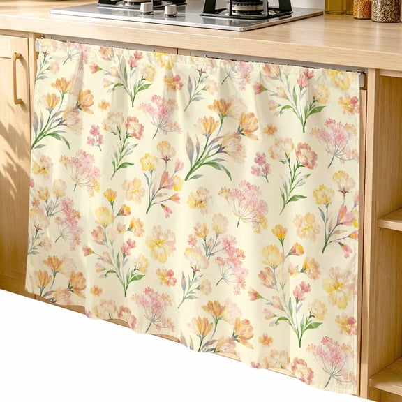 Orange Spring Floral Cabinet Dishwasher Hidden Curtains, Privacy Closet Door Curtain, Green Botanical Wildflower Blossoms Adhesive Dust Proof Under Sink Skirt for Bathroom Kitchen 35"x35"