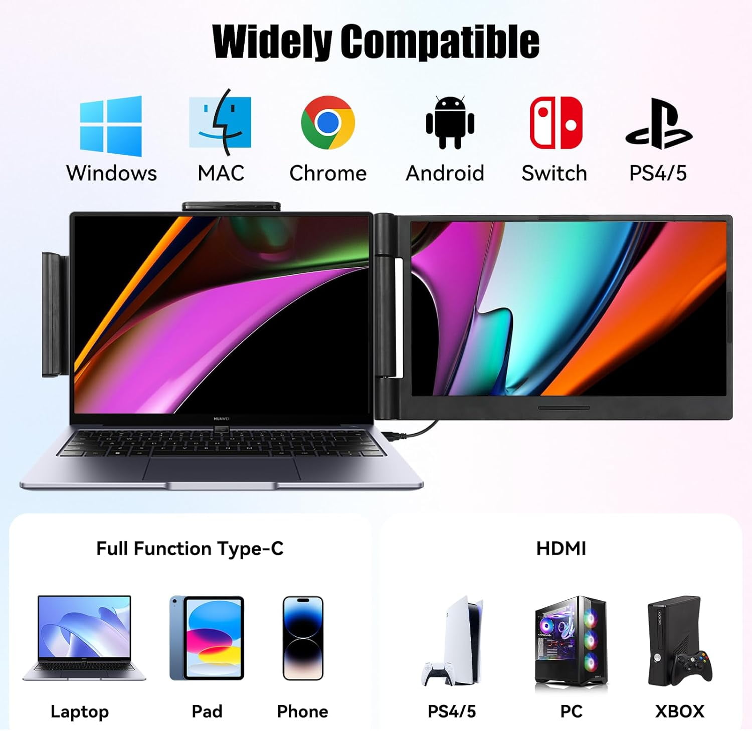 AEEZO 14" 1080P IPS Laptop Screen Extender | 280° Rotatable Portable Monitor, Plug & Play, Fits 13-17.3" Laptops, Compatible with Windows/Mac/Android/Chrome(Type-C/USB Interfaces, Requires DP)