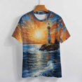 thumbnail image 3 of Lighthouse Sunrise Coast Scenery Pale Blue Tan Women's Short Sleeve T-Shirt Crew Neck Casual Summer Trendy Loose Fit Tops, 3 of 6