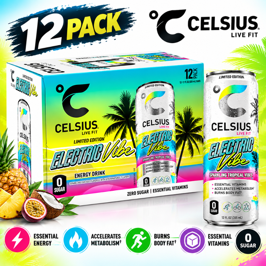 CELSIUS Sparkling Electric Vibe Functional Energy Drink, 12 fl oz, 12 Pack