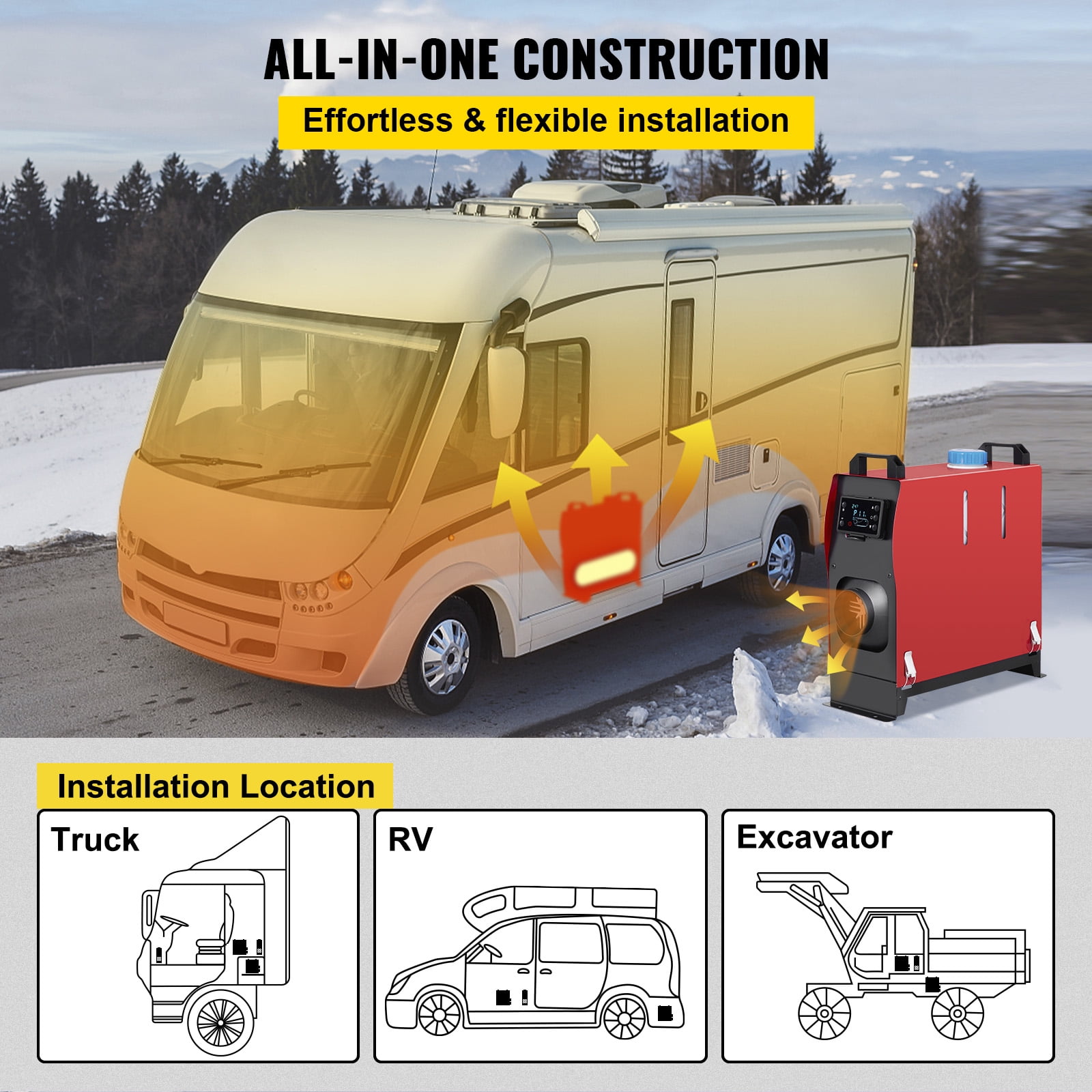 VEVOR Diesel Air Heater All in One 12V 5KW,Diesel Parking Heater with Black LCD Switch & Muffler & Wireless Control for Car Bus Truck Boat