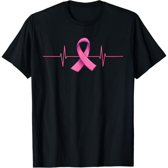 Breast Cancer Heartbeat Tshirt Pink Ribbon Fighter Men Women T-ShirtMen and women, Black T-shirt, size: Extra large