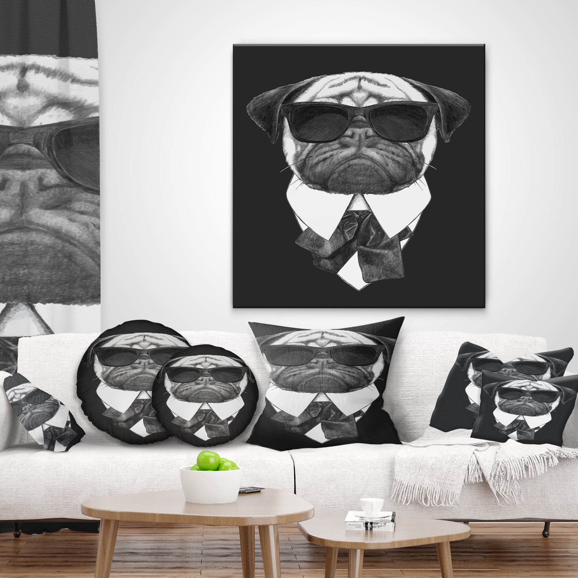 Designart Funny Dog with Black Glasses - Animal Throw Pillow - 16x16