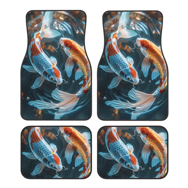 Balery Cute Koi Fish Serenity Juego de 4 Alfombrillas para Auto, Revestimientos de Caucho Resistente, Diseño Antideslizante