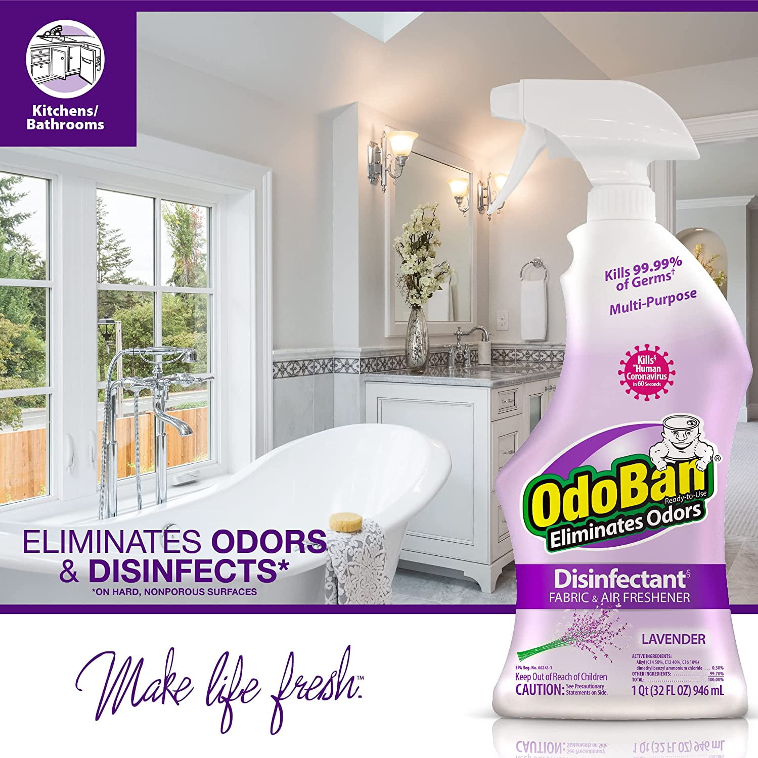 OdoBan Ready-to-Use Disinfectant and Odor Eliminator, 32 fl oz Spray Bottle, Set of 6, Lavender Scent