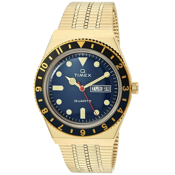 Timex 38 mm Q Timex Black/Blue 3-H Gold Case Blue Dial Gold Bracelet Gold/Blue/Gold One Size