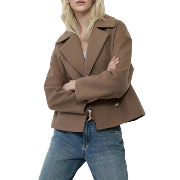 Women's Fashionable Commuting Collar Double Row Buckle Short Woolen Loose Coat Camel Color S