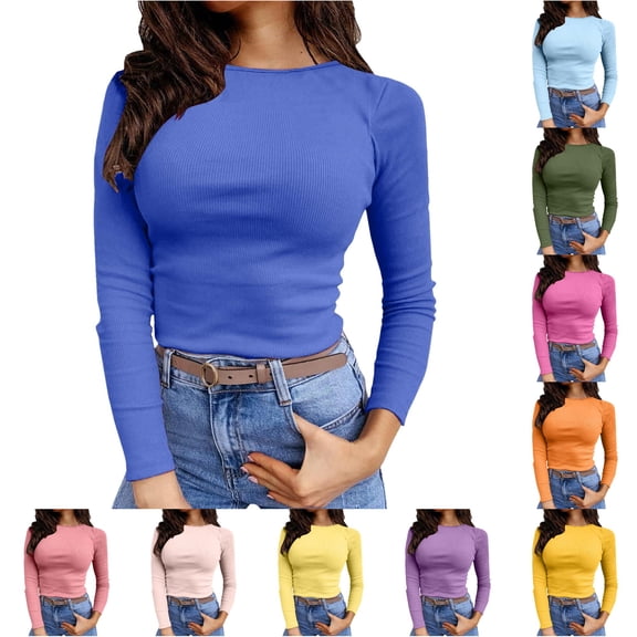 XIAONU Women's Ribbed Top Long Sleeve Crew Neck Fitted Basic Shirts Tees