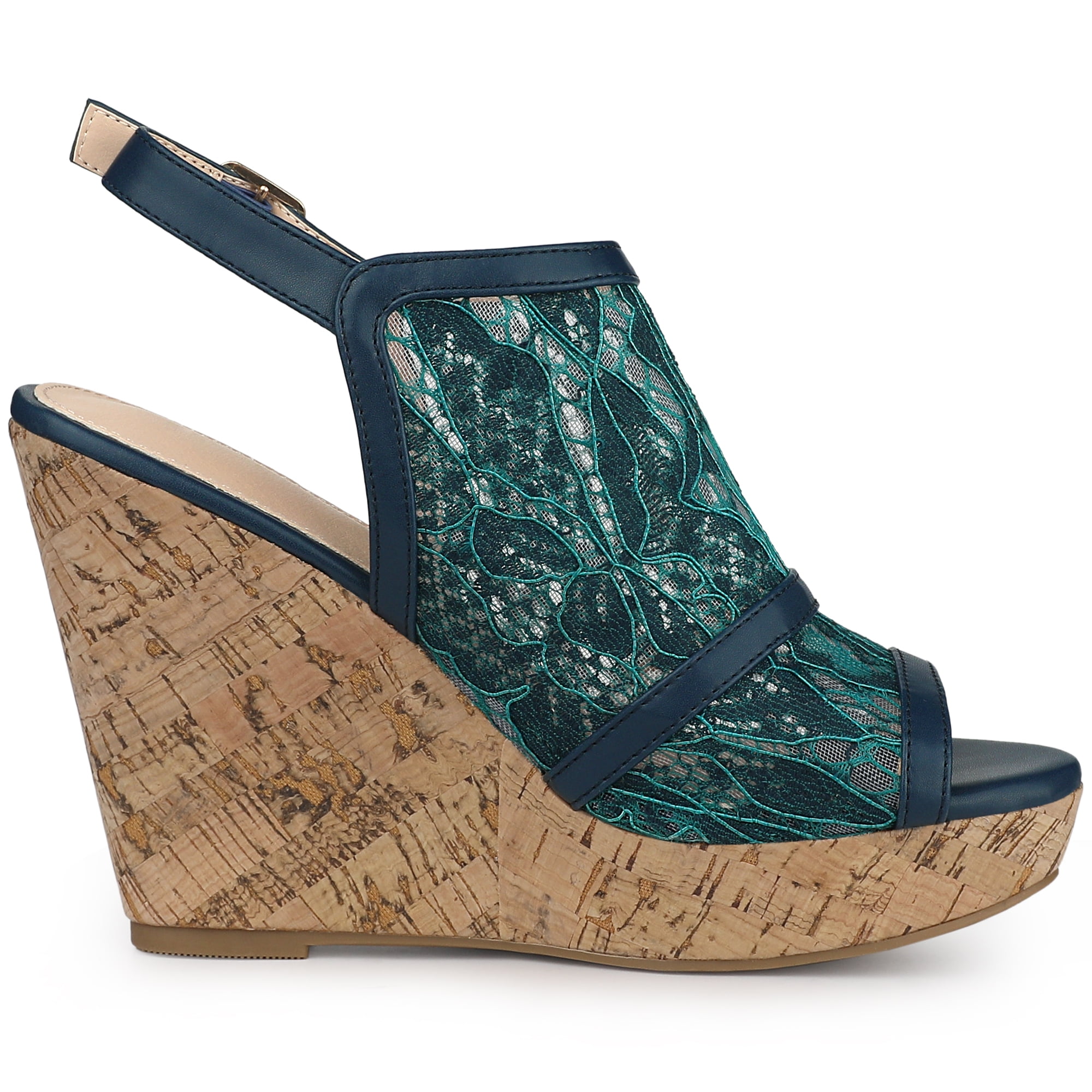 DARING DIVA Women's Open Toe Platform Heel Lace Wedges Sandals Blue Green 6