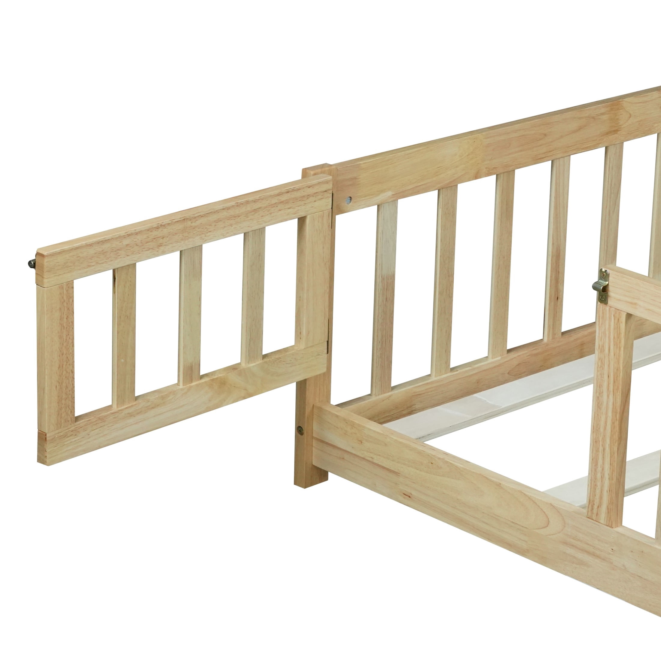 Noble House Amary Full Floor Bed with Safety Fence and Door, Sturdy Rubber Wood Montessori Bed Frame, Natural