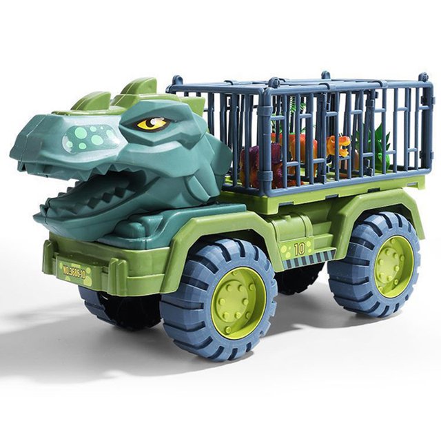 camión excavadora de dinosaurio grande, camión transportador de dinosaurio grande para niños, vehículo de juguete, camión de transporte de dinosaurio resistente y duradero — Vista frontal 3/4 de camión infantil con cabina con diseño de cabeza de dinosaurio verde y remolque-jaula abatible que contiene varias figuras de dinosaurios; ruedas grandes de plástico, material ABS, aprox. 39 x 16 x 20 cm, color multicolor, marca Jadeshay; suele usarse para juegos de transporte e imaginación.