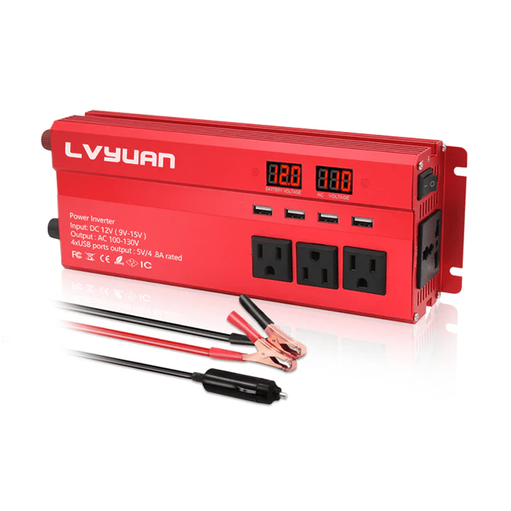 LVYUAN 1300W/2600W Peak Power Inverter DC 12V to AC 110V, 4 AC Outlets & 4 USB Ports (3.1A), Modified Sine Wave Car Inverter with LED Display for RV, Truck, Camping, Home, Emergency Power
