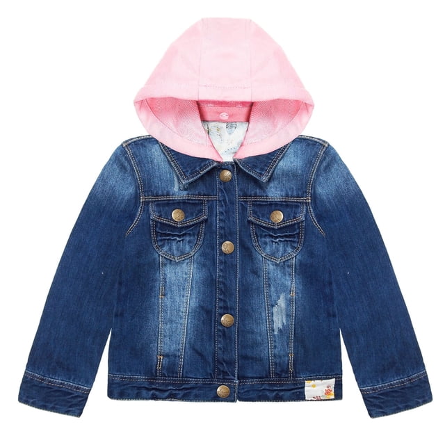 KIDSCOOL SPACE Little Girl Pink Detachable Hood Flower Embroidered Jean Jacket Female,2-3 Years