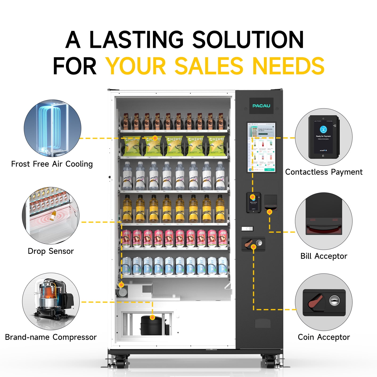 Smart Vending Machine, 60 Slot Snack and Drink Combo with Remote App Monitoring, Cashless Payment (Bill/Coin/Card Reader), Large Capacity Commercial Vending Machine for Office, Gym, Apartment