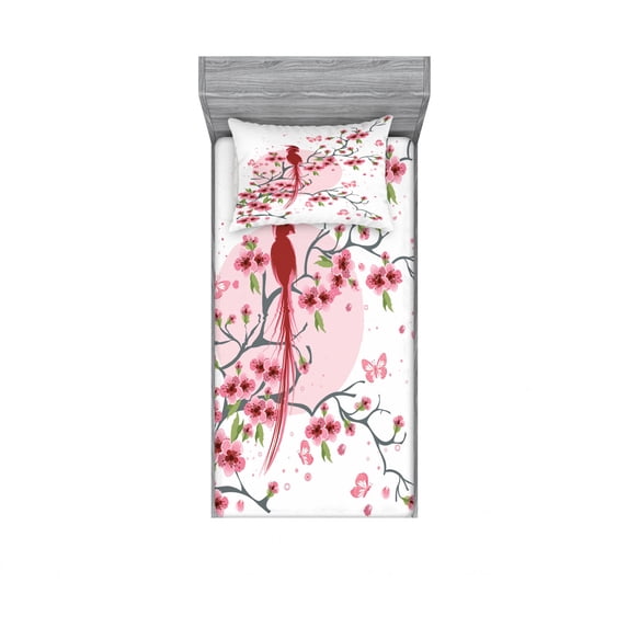 Japanese Bedding Set with Sheet & Covers, Mythical Long Lived Phoenix Bird on Floral Sakura Branch Looking Back Artwork, Printed Bedroom Decor 2 Shams, 4 Sizes, Pink, by Ambesonne