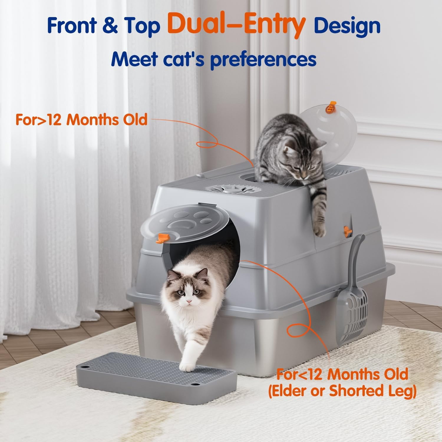Stainless Steel Litter Box with Lid,Front Entry Top Exit Kitty LitterBox,Extra Large Enclosed Metal Cat Box with Litter Scoop & Litter Mat-Light Gray