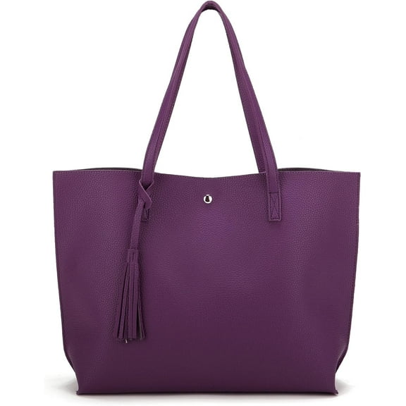 Women Tote Bags Top Handle Satchel Handbags PU Faux Leather Tote Bag with Tassel Shoulder Purse- Purple
