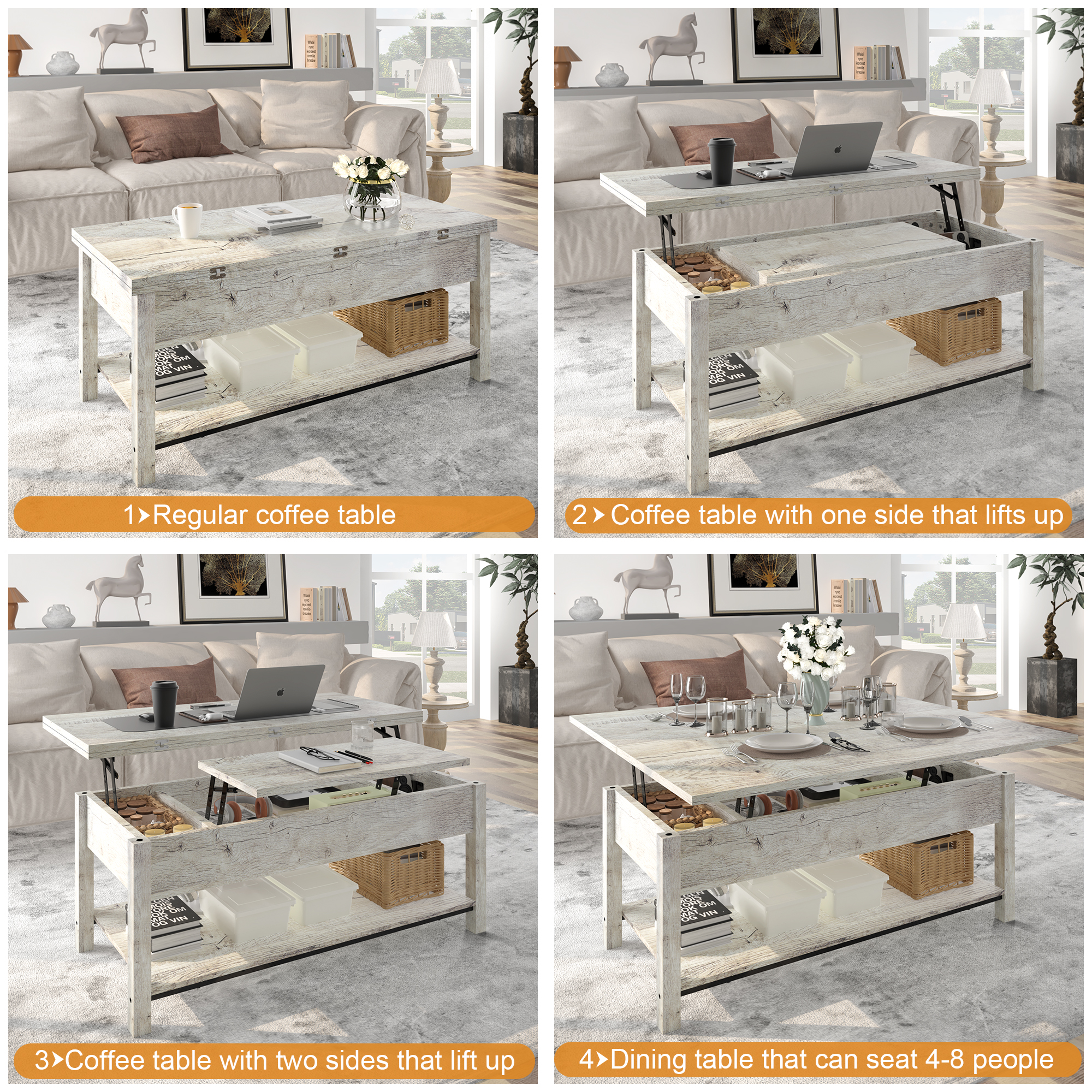GUNAITO 41.73"Lift Top Coffee Table 4 in 1 Multi-Function Convertible Coffee Table with Storage Modern Coffee Table Converts to Dining Table for Living Room Grey - image 3 of 8