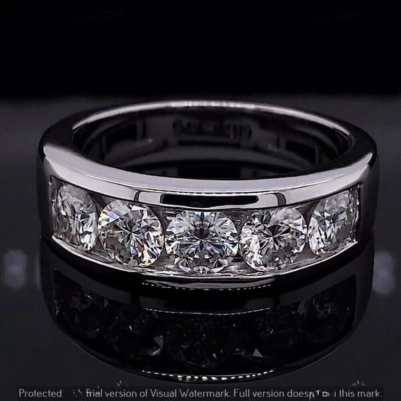 Silver & Stone 3 Ct Round Cut Moissanite 5-Stone Wedding Band Ring for Men 14k White Gold Plated