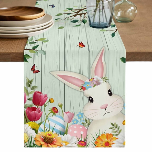 Table Runner 60 Inches Long for Kitchen Dining, Easter Dresser Scarf Farmhouse, Dining Table Decorations for Wedding/Parties, Spring Watercolor Bunny Eggs Tulip Wooden Grain Teal 13 x 60 In