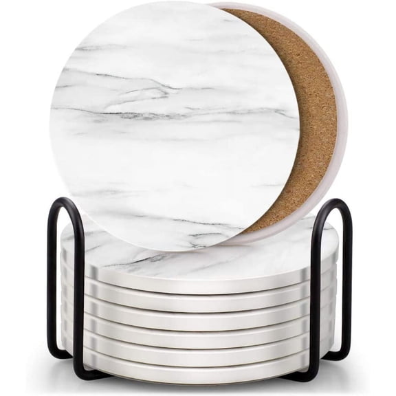 Set of 8 Coasters for Drinks, Absorbent Marble Style Ceramic Drink Coaster with Holder for Coffee Wooden Table Home Decor (White)