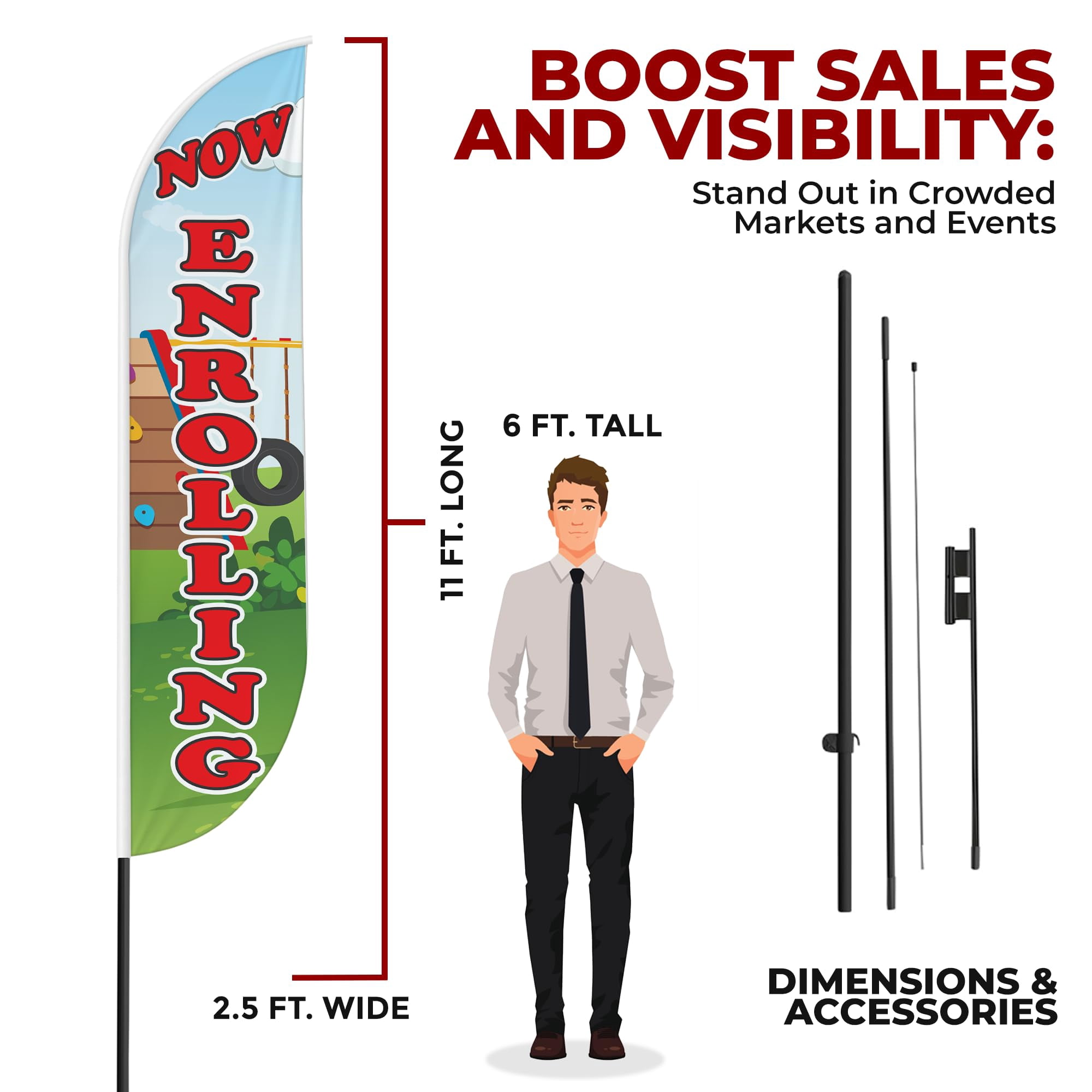 Now Enrolling Sign feather flag Pole Mount for Outdoor by Mavis Print | 15 FEET Long Outdoor Banner Flag Mount for Easy Hang | HD Print Swooper Flag Stand forNow Enrolling Advertising