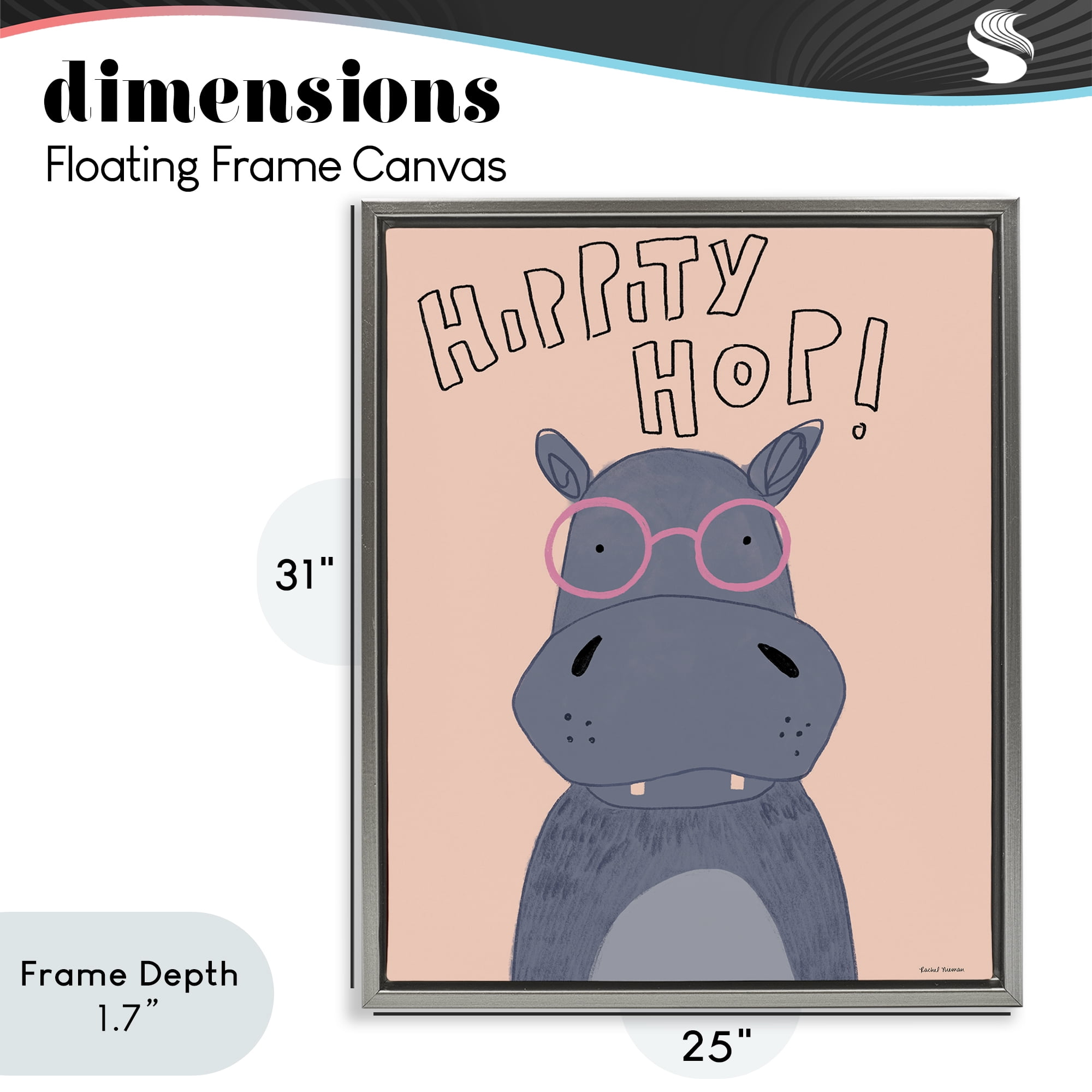 Stupell Industries Hippity Hop Hippo Gray Framed Floater Canvas Wall Art, design by Rachel Nieman