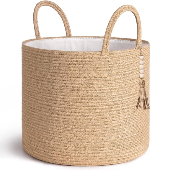 Woven Blanket Basket for Storage Decorative Rope Basket Living Room for Organizing Toys Towels Clothes, Boho Decor, Cotton, 16" D × 14"H