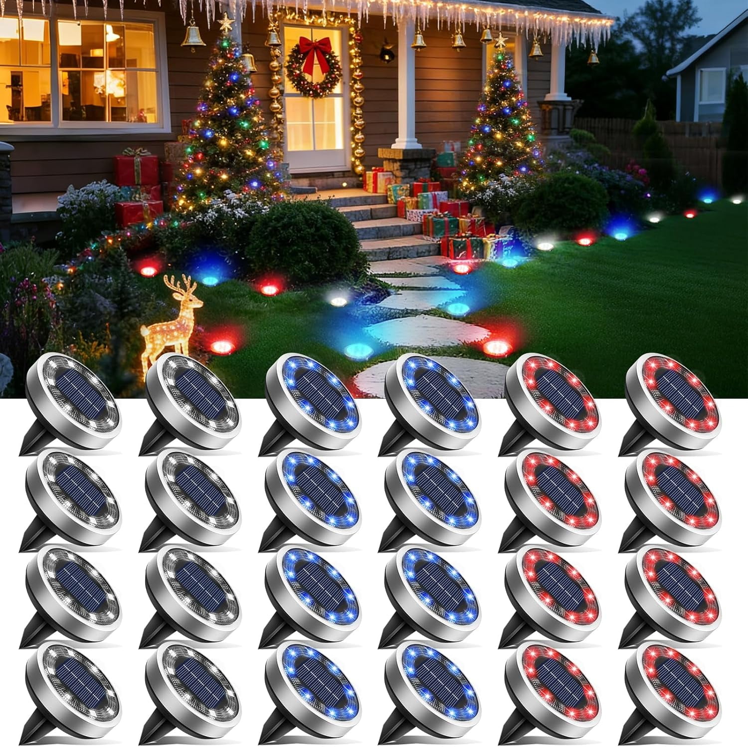 Btfarm 24 Pack Solar Lights Outdoor (Red+Blue+Cool White), Solar Lights Outdoor Waterproof, Landscape Lighting
