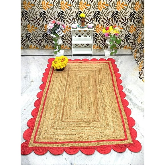 Indian Handmade Braided Natural Jute with Red Scalloped Design Area Rug, Home Décor Rug, Jute Rug for Bedroom, Dining Room, living room, Doormat Rug Size - 2' Square (60 cm x 60 cm)