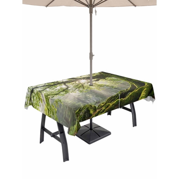 Outdoor Tablecloth with Umbrella Hole for Patio/Picnic/Party/Camping, Ancient Tree Waterproof Table Cloth Rectangle Table Cover Washable, Zen Mystical Green Lush Forest Nature (60"x 84")
