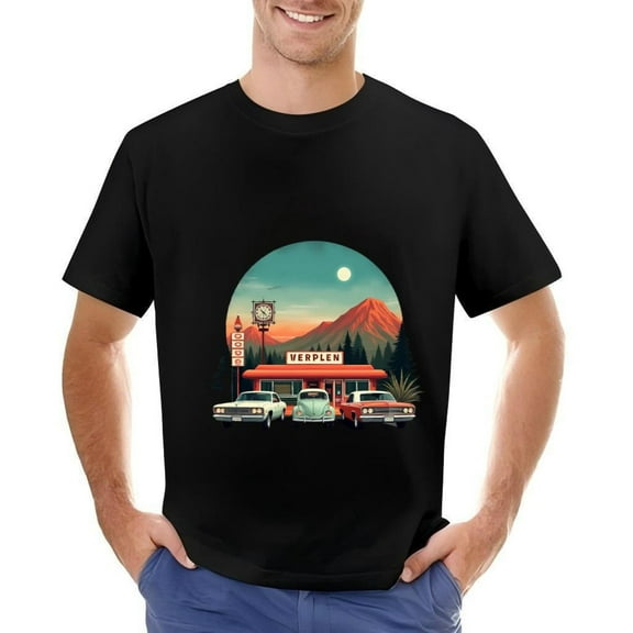 Vintage Diner Cotton Short Sleeve T-Shirt for Men - Retro ' VERPLEN ' Design with Classic Cars Sky & Mountain Range - A D 1950 Inspired Graphic Tee