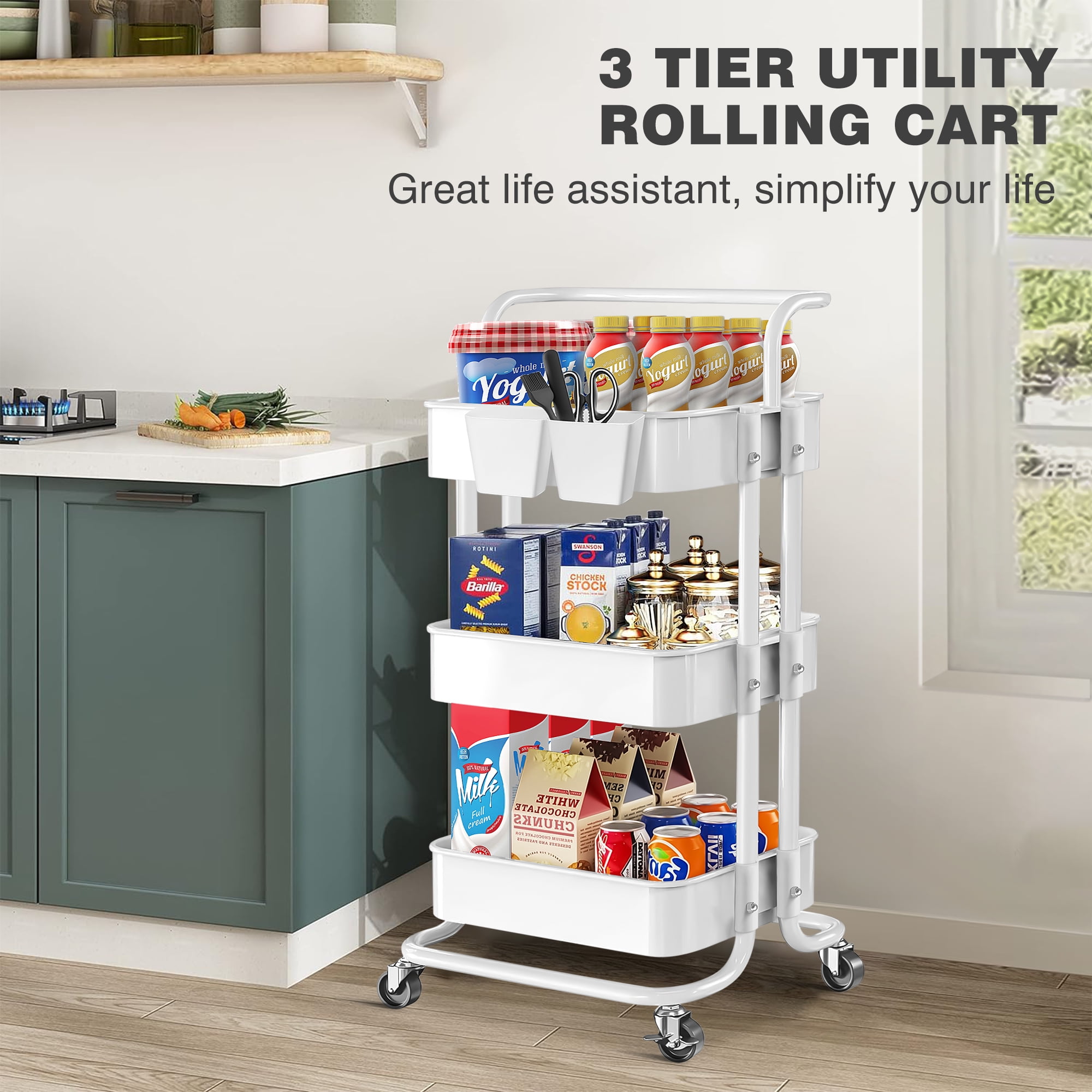 Riousery 3-Tier Utility Rolling Cart with Wheels, Multi-Functional Storage Trolley, Storage Organizer Cart, White