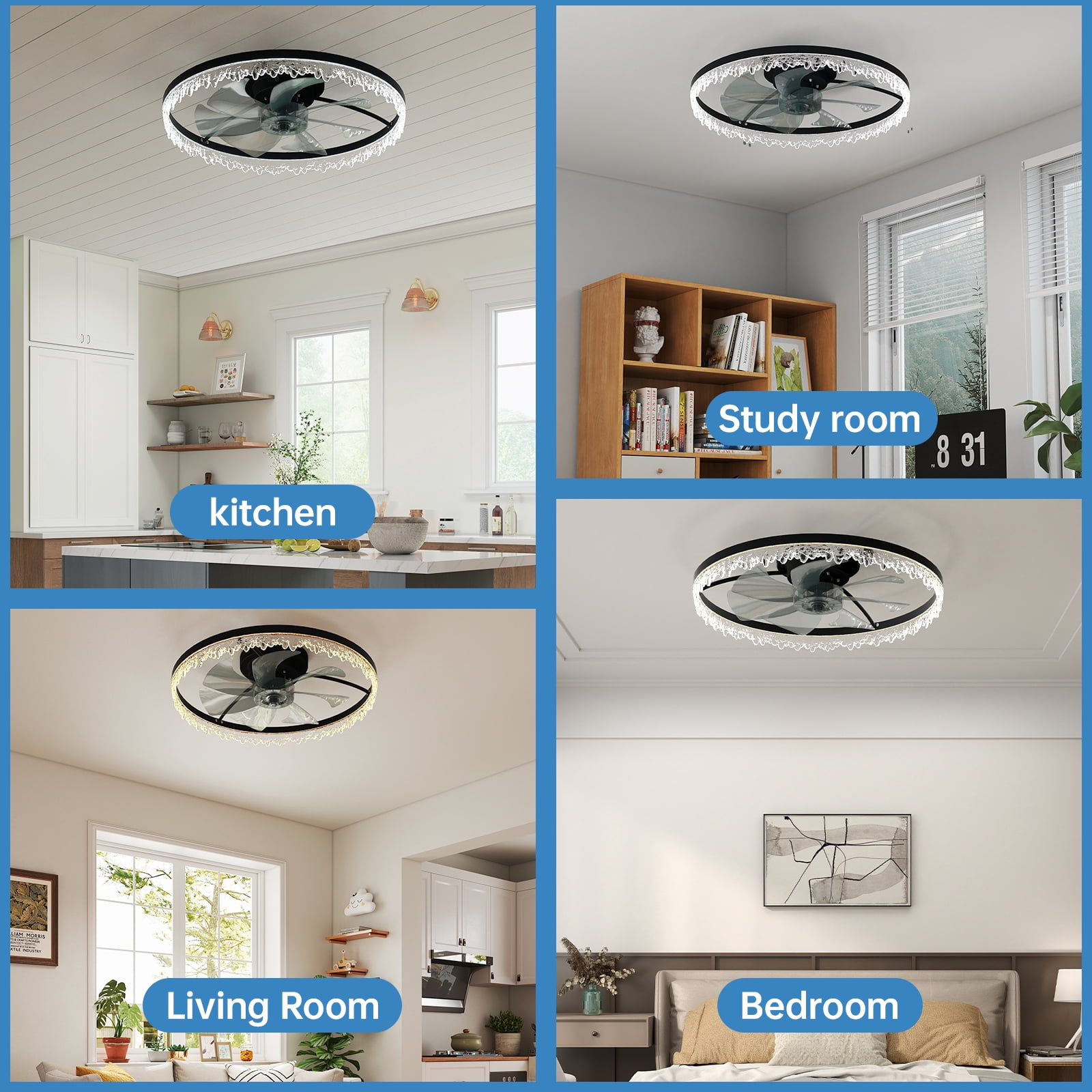 Miniyam Modern Ceiling Fan with Crystal Ring Design – Stylish Lighting Fixture with Energy Efficient Air Circulation, 6 Speeds