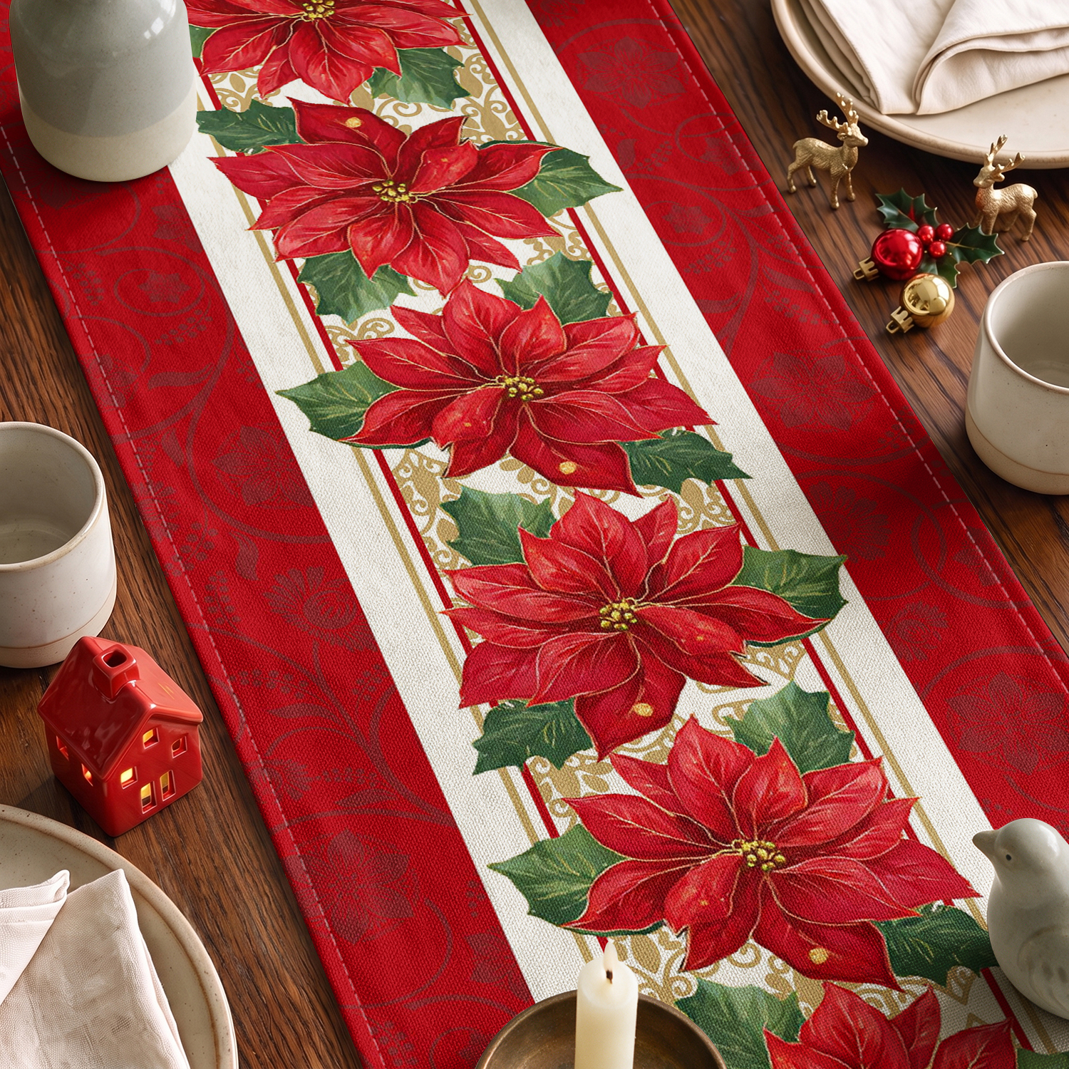 Sm:)e Poinsettia Christmas Table Runner, Red photo 6