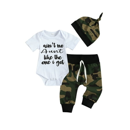 

Huyghdfb Letter Print Short Sleeve Round Neck Romper + Camouflage Pants + Cap