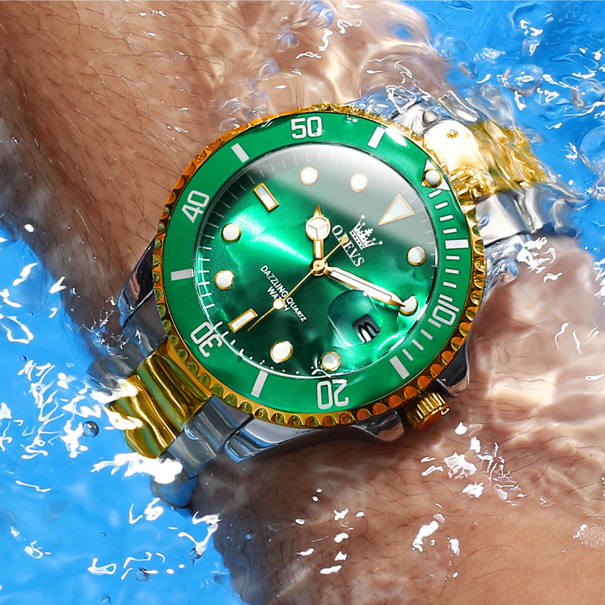 OLEVS Watches for Men Luxury Classic Dress Analog Quartz Fashion Two Tone Gold Plated Stainless Steel Date Waterproof Luminous Mens Wrist Watches Reloj Para Hombre Green/Black/Blue