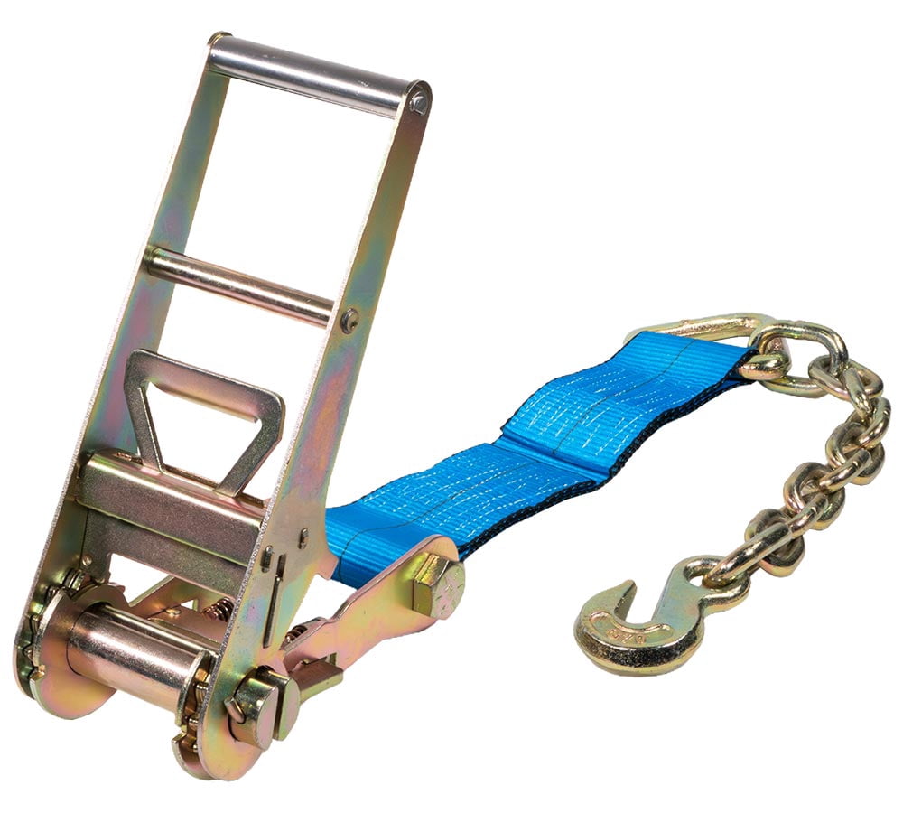 4 Pack 3" x 30' Ratchet Strap with Chain Anchor - 5000 Lbs WLL Heavy Duty Tie Down Cargo Truck Straps with Chains Ends & Grab Hooks for Flatbed, Truck, Trailers, Pickup - Blue
