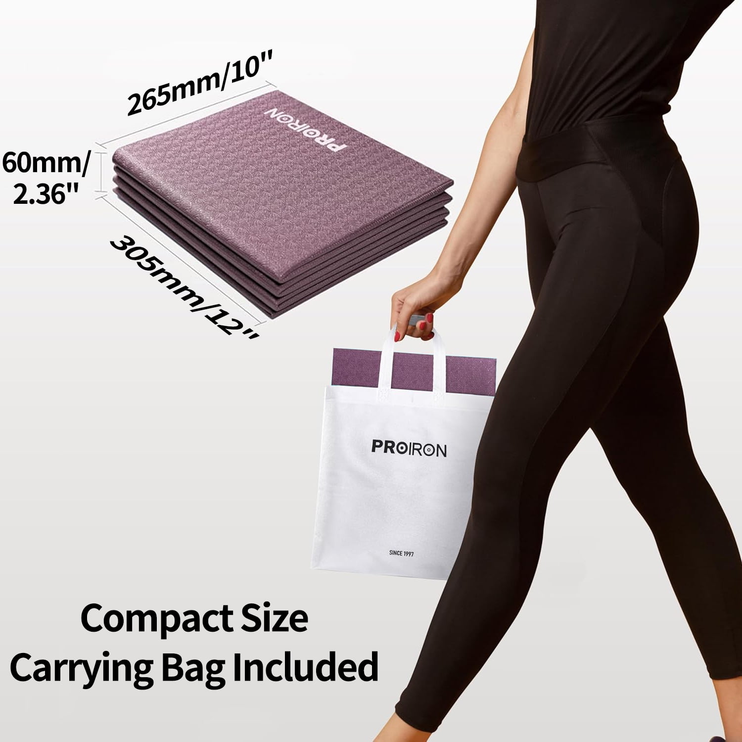 PROIRON Foldable Travel Yoga Mat 0.16" PVC, Folding Exercise Mat Non Slip for Yoga Pilates Camping Outdoors, Lightweight Packable, Claret